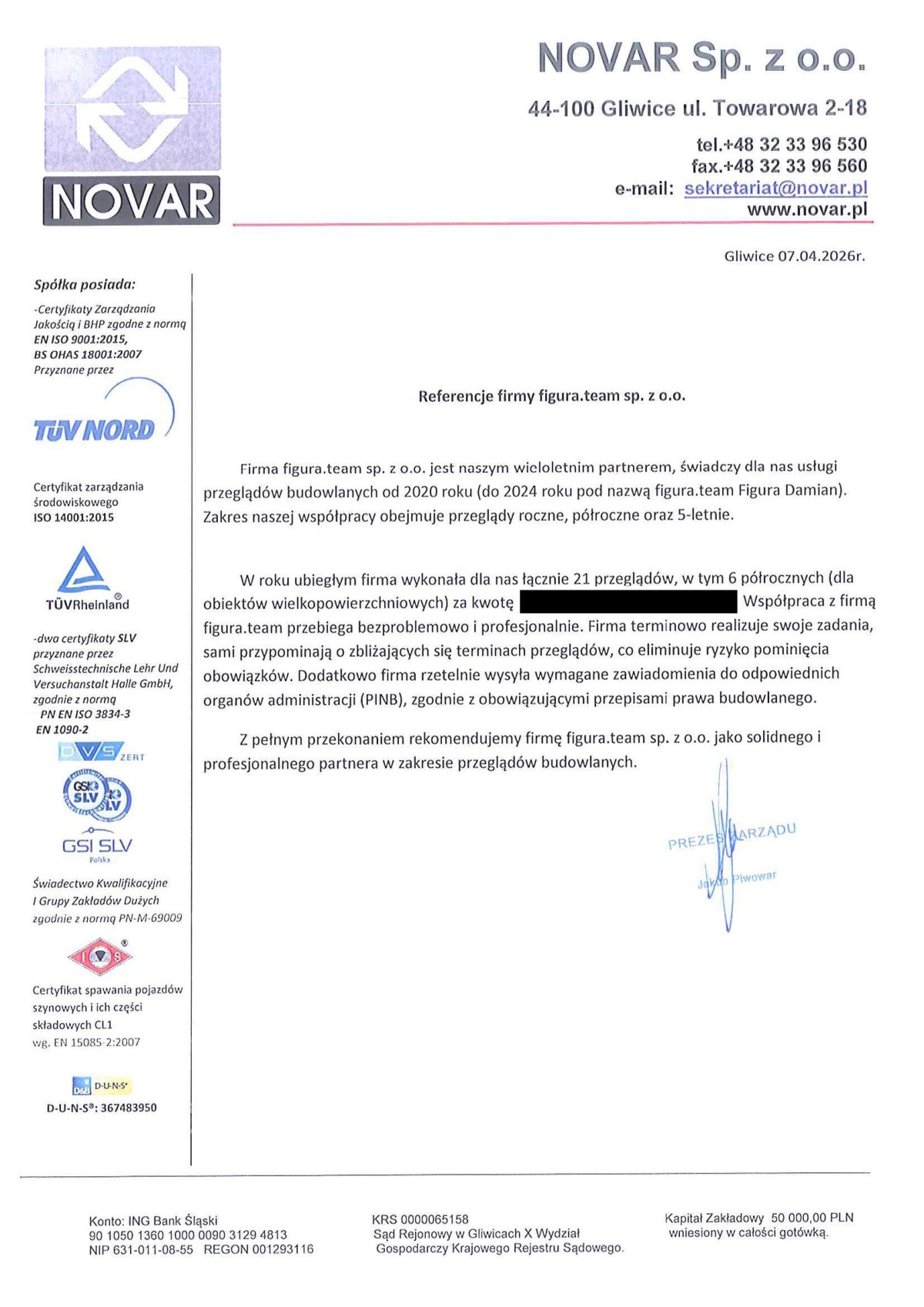 Pismo referencyjne: NOVAR Sp. z o.o., 2026